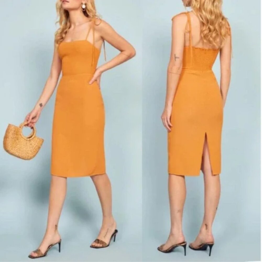 Reformation Jasper Tie Strap Midi Crepe Dress Yellow Size 10